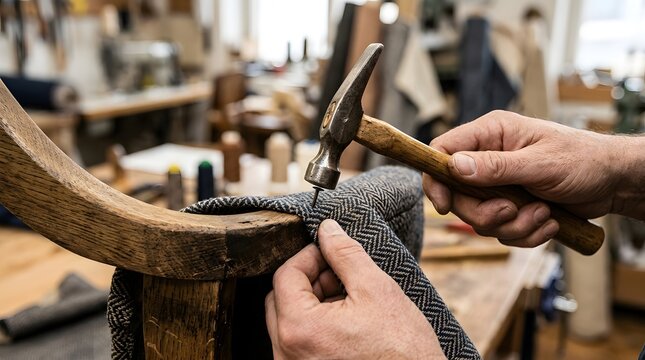 Close up of a professional craftsman hand tacking grey herringbone upholstery fabric onto a vintage wooden chair frame using a hammer in a traditional furniture restoration workshop.