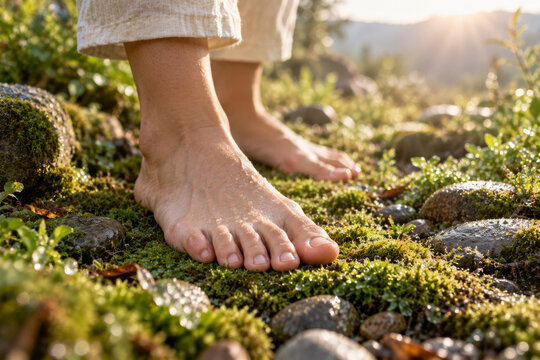 Barefoot Grounding on Natural Moss and Pebbles for Anxiety Relief and Somatic Therapy