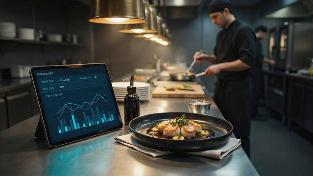 Digital tablet displaying kitchen operations data next to a gourmet scallop dish in a professional restaurant kitchen with showing performance analytics connectivity
