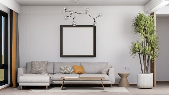 3D animated footage of a sunlit contemporary living room in soft daylight. Light and shadows shift gently across a beige corner sofa, wooden coffee table and neutral rug.