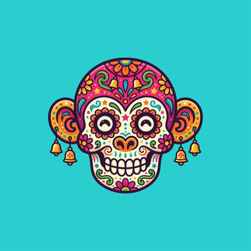 Colorful monkey skull illustration in traditional Mexican Day of the Dead style.