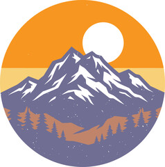 Obraz premium Vintage style illustration of mountains with a setting sun in a circular frame