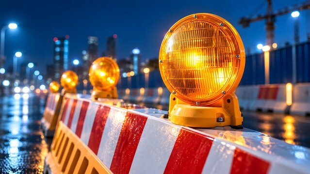 Yellow warning lights on striped barricades on a wet city street at night. Concept of urban infrastructure and safety maintenance.