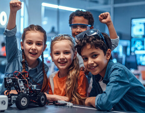 Cheerful diverse children celebrate success in a modern STEM lab, building robots with excitement. This inspiring scene evokes curiosity, teamwork, and bright futures in technology and education.