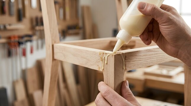 Close up of a professional carpenter hands applying strong white wood glue from a squeeze bottle to the tenon joint of a wooden chair frame in a carpentry workshop, woodworking craftsmanship.
