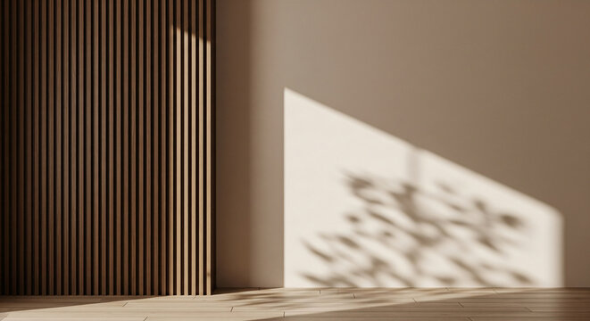 Modern empty room with sunlight and tree shadow. Interior background mockup with beige plaster wall and wooden floor. Minimalist living room scene.