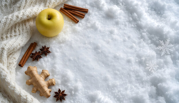 Winter cozy background with ginger root, yellow apple, cinnamon sticks, star anise and white knitted blanket on fresh fluffy snow.