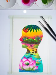 human head peace mind meditation concept mindfulness calm mental health yoga heal balance psychology body harmony art design illustration drawing color watercolor painting class workshop relax hobby © Benjavisa Ruangvaree