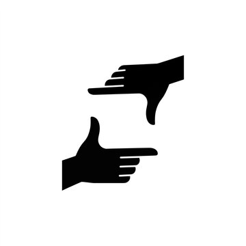 Minimalist black silhouette vector design showing two hands framing a shot against a clean white background. Perfect symbol for photography concepts, focus, and visual framing.