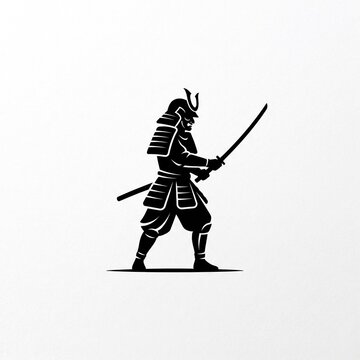 Striking black silhouette vector illustration of a traditional Japanese samurai warrior in armour holding a katana sword, set against a solid white background.