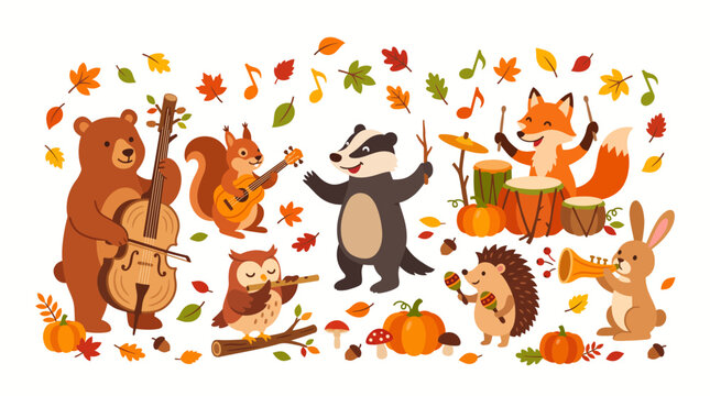 Forest animals playing musical instruments among autumn leaves