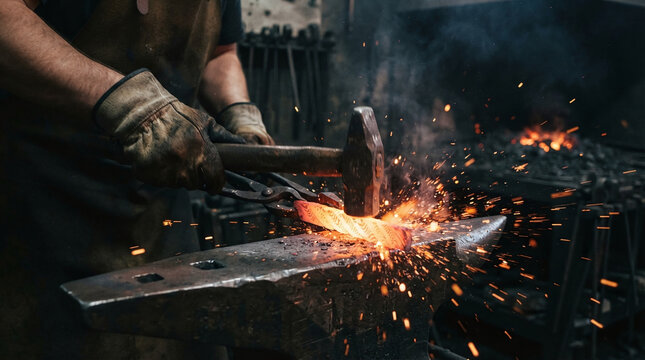 Bladesmith hands in leather gloves forging glowing hot damascus steel billet on anvil