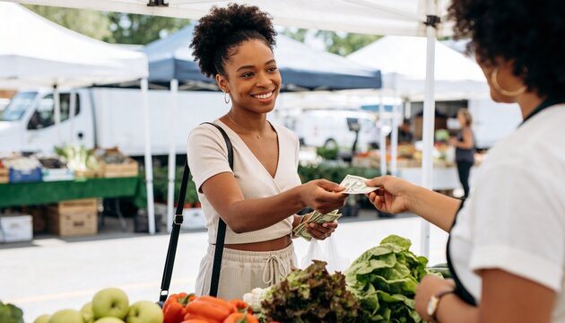 Smiling young Black woman paying with cash at a farmers market. Happy female customer buying fresh organic vegetables and fruits from a local vendor. Healthy lifestyle and community shopping concept