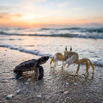 A tiny newborn Caretta Caretta sea turtle stops as a ghost crab