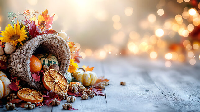 Wide ecommerce hero banner background featuring overflowing cornucopia dry oranges and beautiful golden bokeh lights