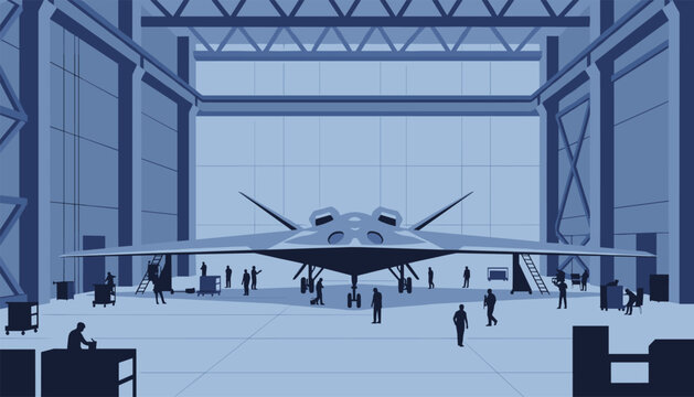 Group of workers performs maintenance on a stealth fighter plane parked inside a vast industrial hangar under large overhead metal structures.