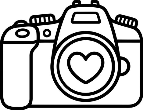 Hand drawn photo camera with heart lens outline illustration