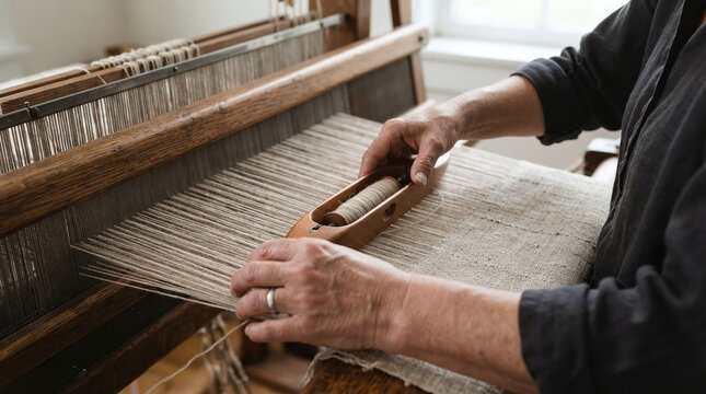 Weaver hands passing wooden boat shuttle through warp threads on floor loom