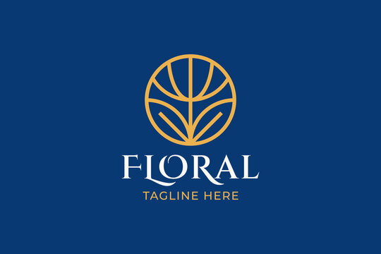 Minimalist Monoline Flower Emblem Circular Gold Logo Icon for Luxury Branding Design 