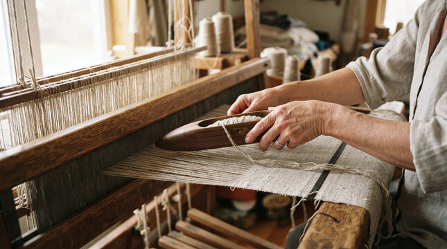 Weaver hands passing wooden boat shuttle through warp threads on floor loom