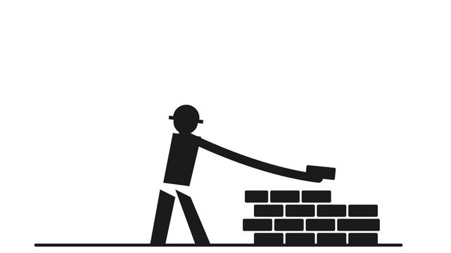 Minimalist vector illustration of a construction worker laying bricks with a long arm against a white background
