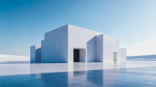 A minimalist monolithic white geometric building stands on a smooth open outdoor space under a clear bright sky.