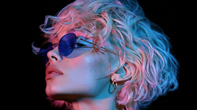 Side profile of a woman with short platinum curls wearing blue tinted sunglasses and hoop earrings against a black background with pink and blue neon lighting Expression of futuristic style