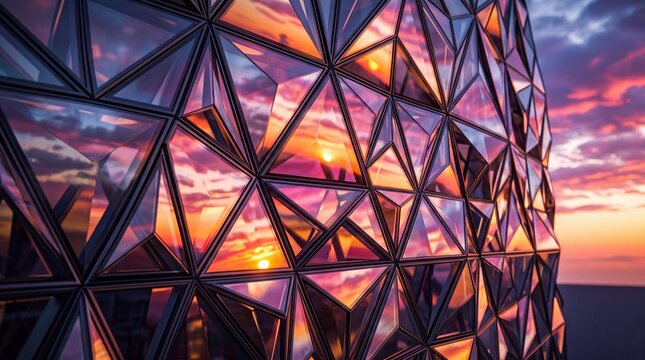 Modern Geodesic Facade Reflecting Vibrant Sunset Sky