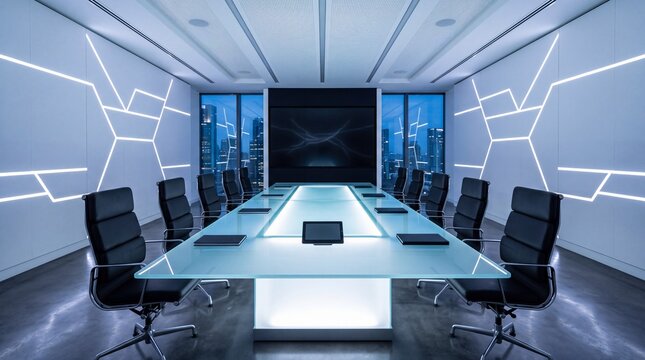 Futuristic Modern Boardroom with Illuminated Conference Table