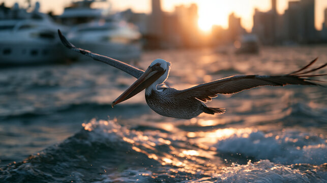 Pelican Flying Low Over Water at Sunset