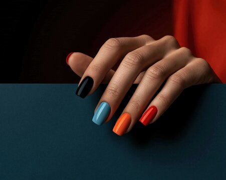 Close-up of a manicured hand with black blue orange and red nails resting over a dark teal surface against a black and red background Concept of colorful nail design
