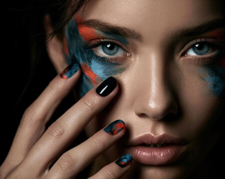 Frontal beauty portrait of a blue-eyed woman with blue and red paint across her cheeks and black manicured fingers framing her face Theme of artistic makeup