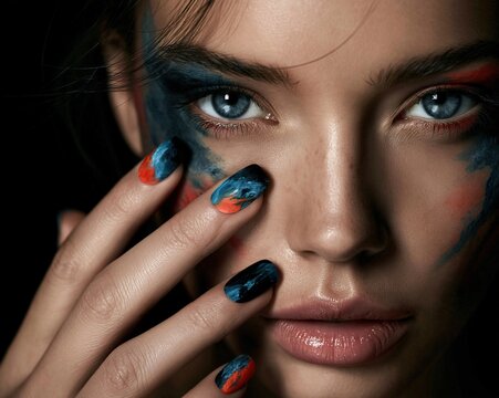 Close-up beauty portrait of a blue-eyed woman with blue and red face paint and colorful manicured nails touching her cheek Theme of artistic self expression