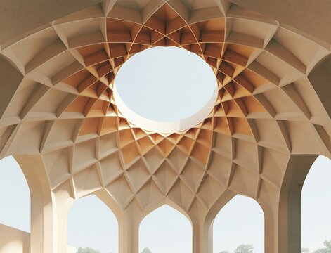 Ornate geometric vaulted ceiling with circular oculus and pointed arches illuminated by warm sunlight with open sky beyond Theme of architectural symmetry