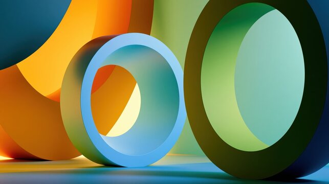 Abstract 3d geometric composition with large colorful torus rings