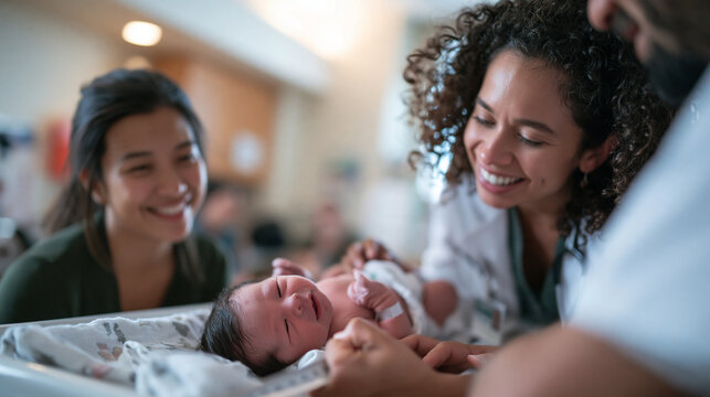 Pediatrician and Happy Parents Examining Newborn Baby in Hospital