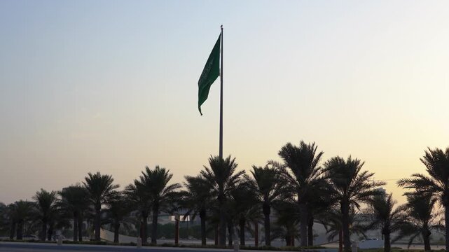 Saudi Arabia National Flag Waving On Al Khobar Corniche For National Day Celebration