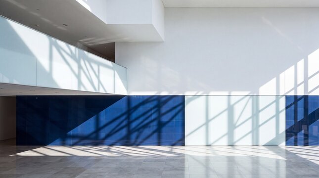 Modern Minimalist Hall with Blue Wall and Geometric Shadows