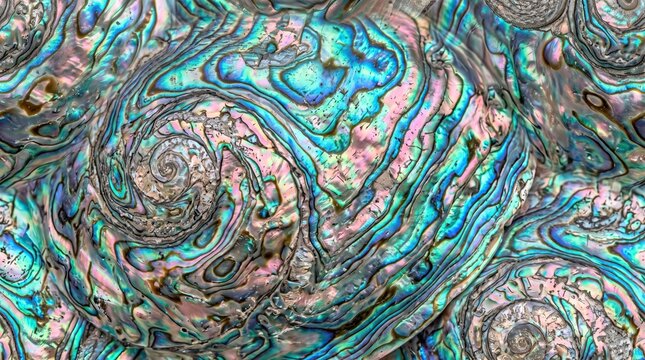 A mesmerizing seamless pattern of iridescent abalone shell textures featuring vibrant swirls of turquoise blue and pink mother of pearl with intricate organic details and luminous sheen