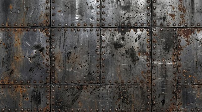 A weathered and industrial metal background featuring heavy steel plates with visible rivets and deep rust stains creating a rugged texture perfect for gritty urban or steampunk designs