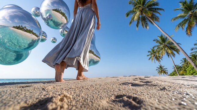 Woman Walking on Tropical Beach with Floating Mirrored Spheres