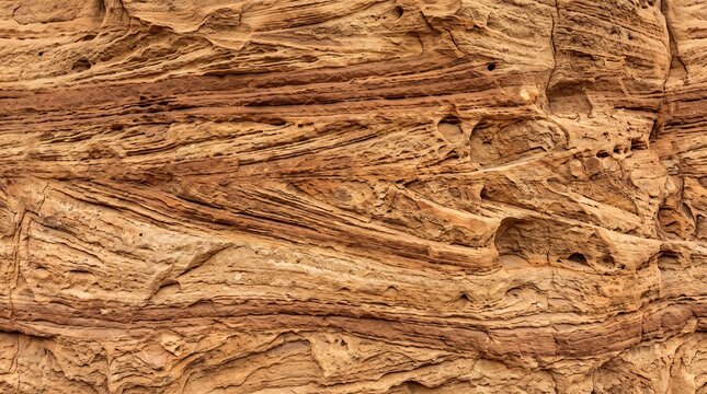 Natural sandstone rock texture with detailed sedimentary layers and weathered orange desert stone surface showing geological erosion patterns and organic mineral formations in sunlight