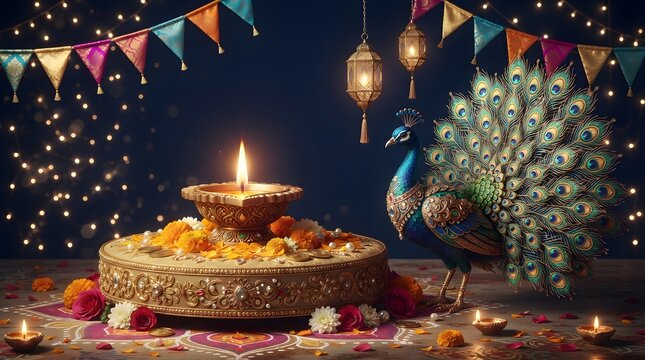 Diwali celebration with peacock and traditional oil lamp