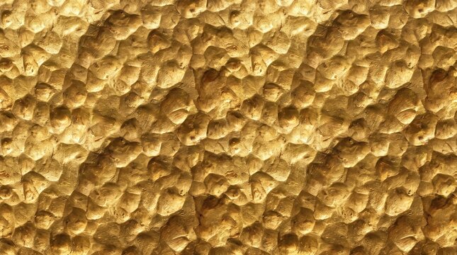 A high resolution seamless texture of hammered gold metal featuring a detailed bumpy surface with reflective yellow highlights and deep shadows that create a luxury metallic background