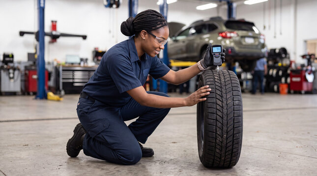 Female mechanic measuring tire tread depth with a digital gauge. African American woman technician inspecting winter tire in auto repair shop. Seasonal car care and vehicle maintenance concept