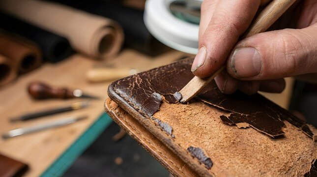 Close up of professional craftsman hand using a specialized wooden tool to remove peeling and cracked synthetic coating from an old brown leather wallet during restoration in a workshop
