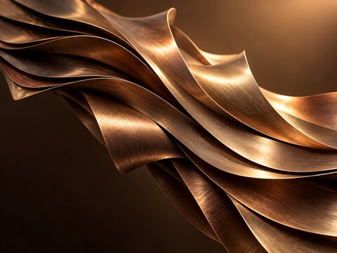 Abstract background, with flowing metallic, bronze ribbons arranged, in curves, featuring, a brushed metal, texture and soft, lighting against a, dark brown backdrop