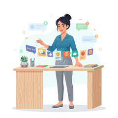 Fototapeta premium Woman Analyzing Social Media Feedback and Customer Reviews at Desk