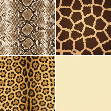 Four-quadrant graphic background panel with various animal prints (snake, giraffe, jaguar) and solid vanilla yellow