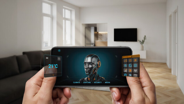 Hands holding a smartphone displaying an artificial intelligence home automation interface inside a modern living room with digital interface controlling mobile device